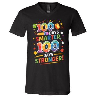 100 Smart 100 Stronger Happy 100th Day Of School Celebration V-Neck T-Shirt