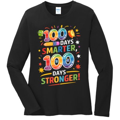 100 Smart 100 Stronger Happy 100th Day Of School Celebration Ladies Long Sleeve Shirt