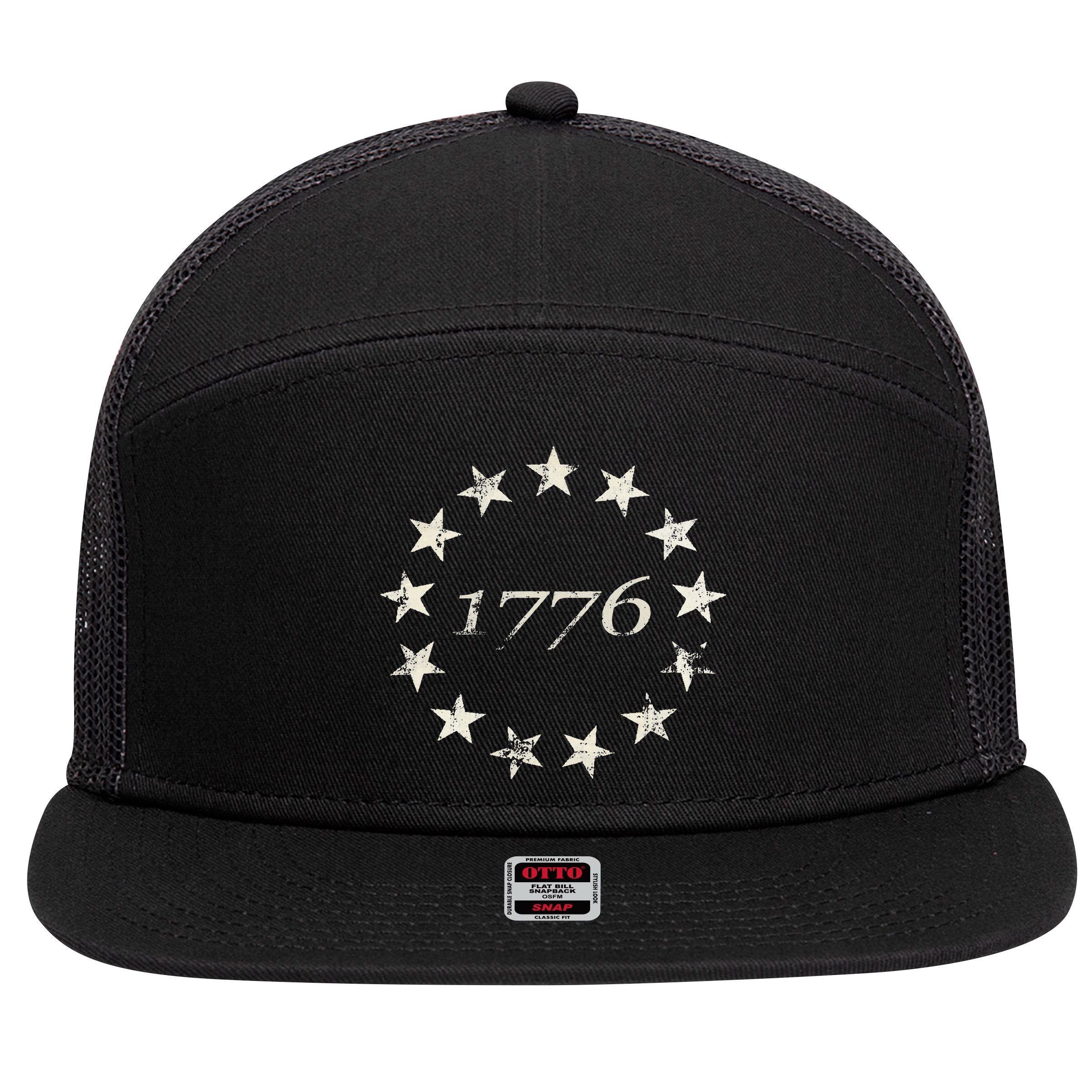 13 Star Flag Betsy Ross Distressed American Flag 1776 7 Panel Mesh Trucker Snapback Hat