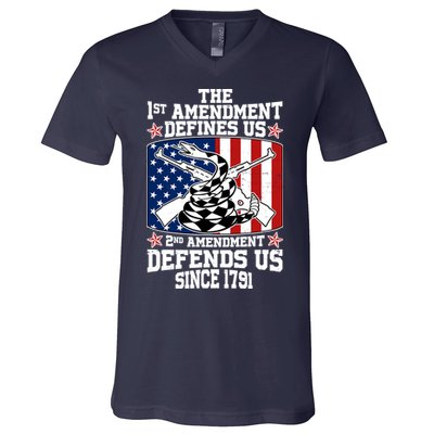 1st Amendment Defines Us 2nd Amendment Defends Us Since 1791 V-Neck T-Shirt