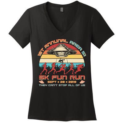1st Annual Area 51 5K Fun Run Funny Retro Alien Women's V-Neck T-Shirt