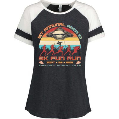 1st Annual Area 51 5K Fun Run Funny Retro Alien Enza Ladies Jersey Colorblock Tee