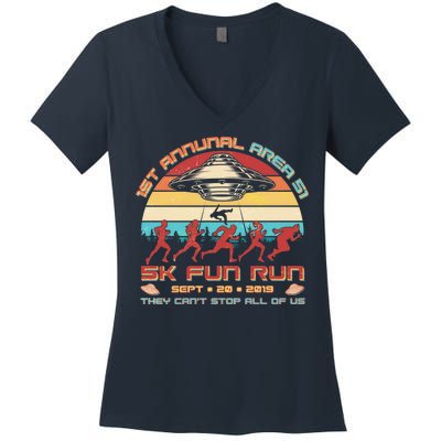 1st Annual Area 51 5K Fun Run Funny Retro Alien Women's V-Neck T-Shirt