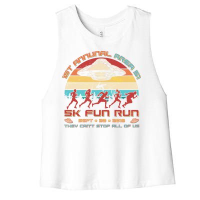 1st Annual Area 51 5K Fun Run Funny Retro Alien Women's Racerback Cropped Tank