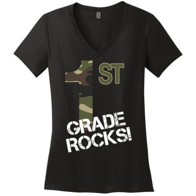 1st Grade Rocks Camo Women's V-Neck T-Shirt