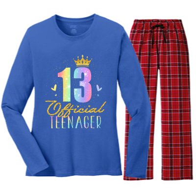 13 Teenager Crown 13 Year Old Tie Dye 13th Birthday Women's Long Sleeve Flannel Pajama Set 