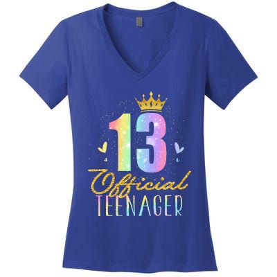 13 Teenager Crown 13 Year Old Tie Dye 13th Birthday Women's V-Neck T-Shirt