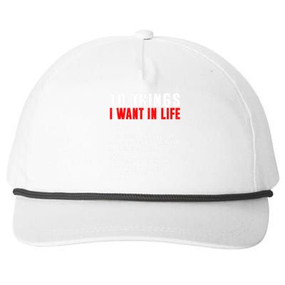 10 Things I Want In My Life Funny Car Lovers Snapback Five-Panel Rope Hat