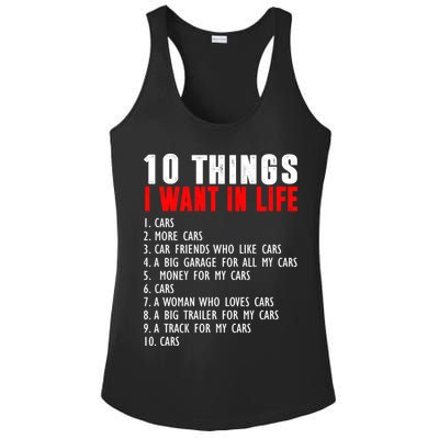 10 Things I Want In My Life Funny Car Lovers Ladies PosiCharge Competitor Racerback Tank
