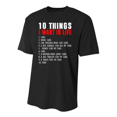 10 Things I Want In My Life Funny Car Lovers Youth Performance Sprint T-Shirt