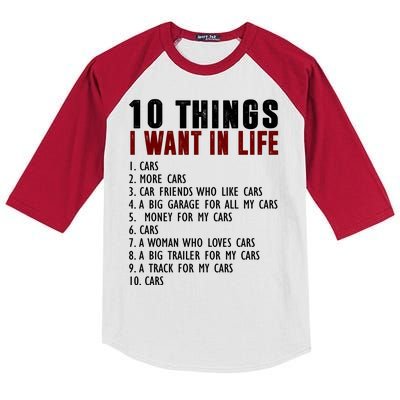 10 Things I Want In My Life Funny Car Lovers Kids Colorblock Raglan Jersey