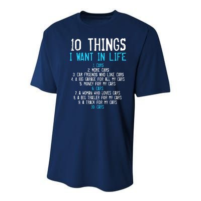 10 Things I Want In My Life Cars More Cars Car Youth Performance Sprint T-Shirt