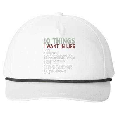 10 Things I Want In My Life Cars More Cars Car Snapback Five-Panel Rope Hat