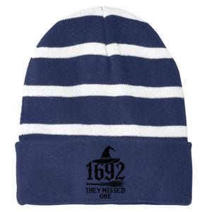 1692 They Missed One Halloween Feminist Witch Trials Striped Beanie with Solid Band