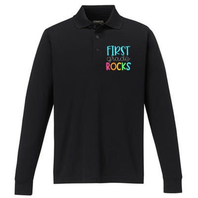 1st Teacher Team First Grade Rocks First Day Of Back To School Performance Long Sleeve Polo