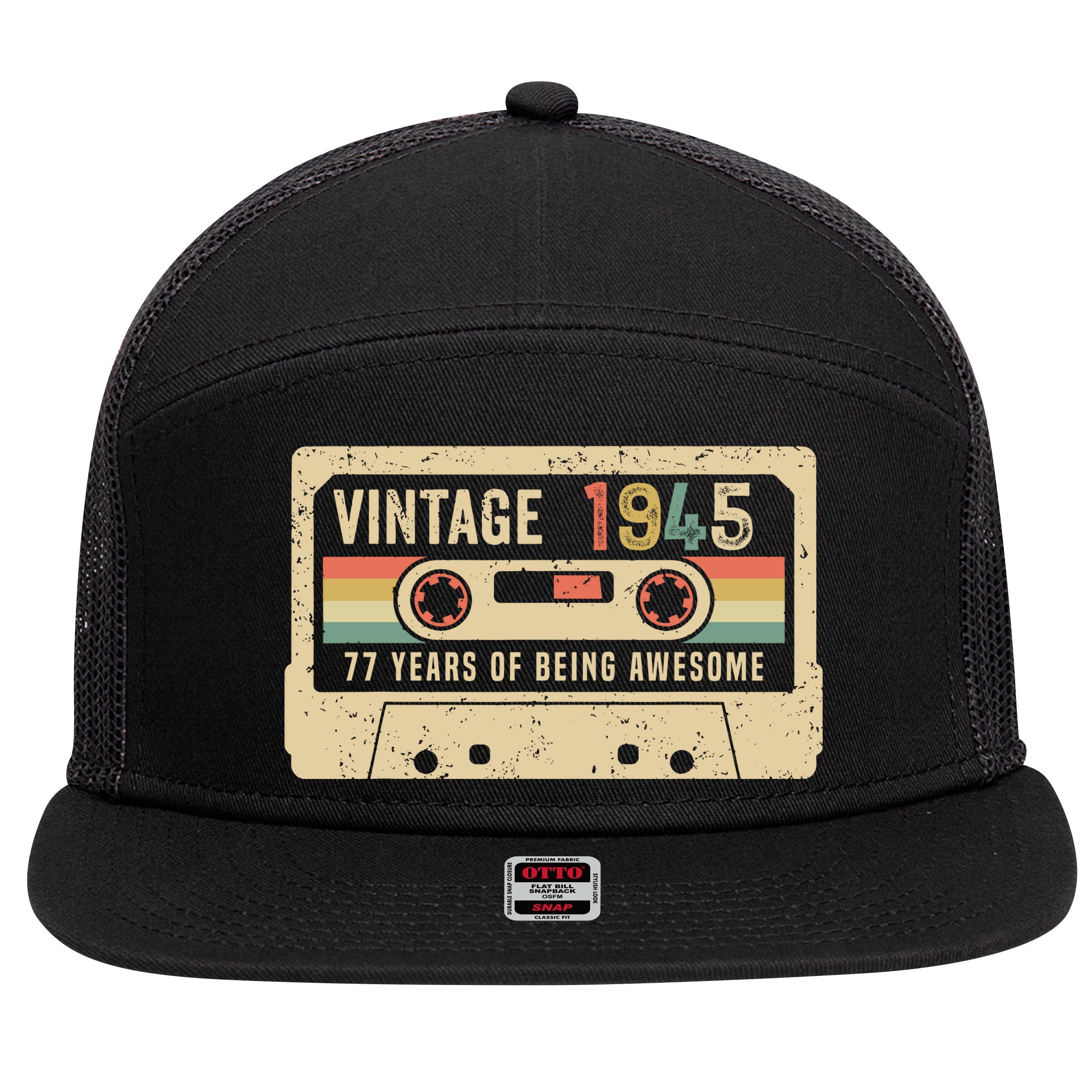 1945 Vintage Cassette Tape 77th Birthday 7 Panel Mesh Trucker Snapback Hat