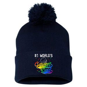 1 World's Gayest Dad Holiday Father Papa Pops Parent Hero Pom Pom 12in Knit Beanie