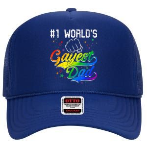 1 World's Gayest Dad Holiday Father Papa Pops Parent Hero High Crown Mesh Back Trucker Hat