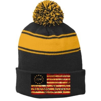 1776 We The People US Flag Visually Aged And Distressed Stripe Pom Pom Beanie