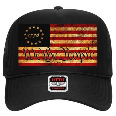 1776 We The People US Flag Visually Aged And Distressed High Crown Mesh Back Trucker Hat