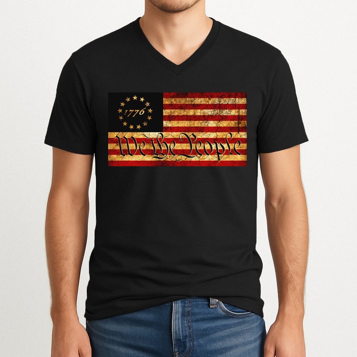 1776 We The People US Flag Visually Aged And Distressed V-Neck T-Shirt