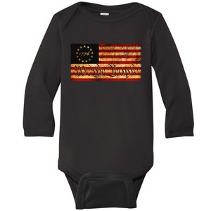 1776 We The People US Flag Visually Aged And Distressed Baby Long Sleeve Bodysuit