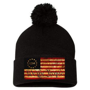 1776 We The People US Flag Visually Aged And Distressed Pom Pom 12in Knit Beanie