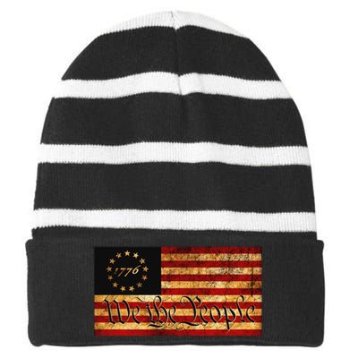 1776 We The People US Flag Visually Aged And Distressed Striped Beanie with Solid Band