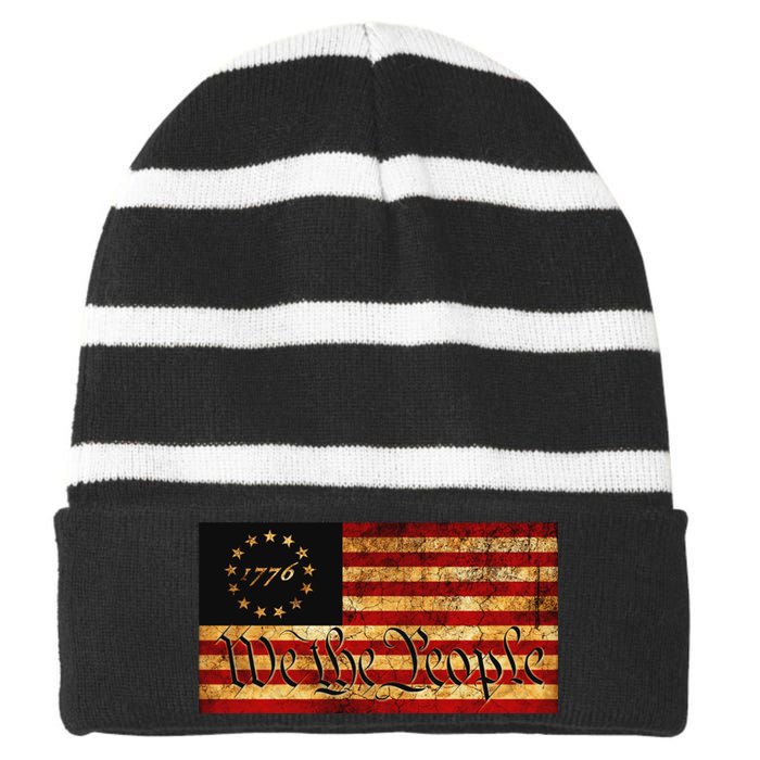 1776 We The People US Flag Visually Aged And Distressed Striped Beanie with Solid Band