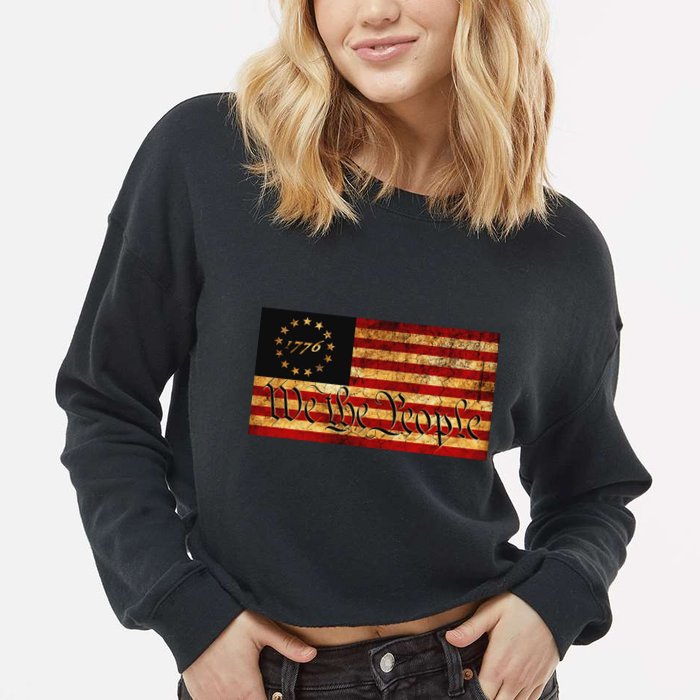 1776 We The People US Flag Visually Aged And Distressed Cropped Pullover Crew