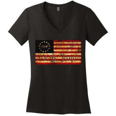 1776 We The People US Flag Visually Aged And Distressed Women's V-Neck T-Shirt