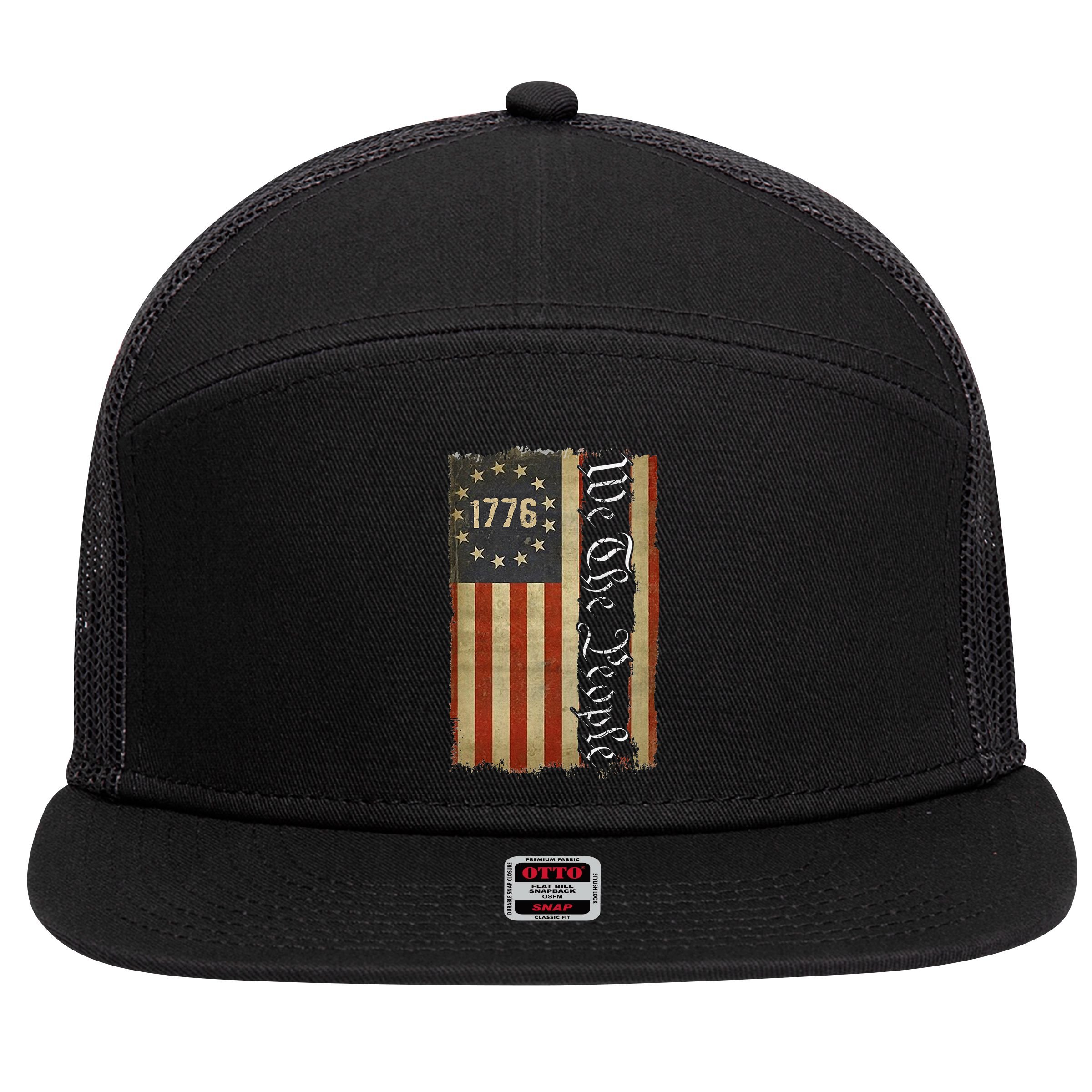 1776 We the People Betsy Ross 4th Of July American Flag 7 Panel Mesh Trucker Snapback Hat