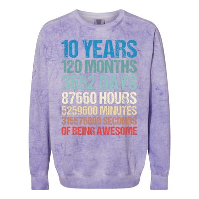 10 Years 120 Months Of Being Awesome 10th Birthday Gifts Colorblast Crewneck Sweatshirt