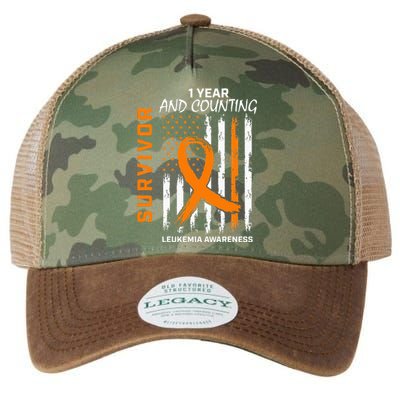 1 Year Cancer Free Orange Leukemia Survivor American Flag Legacy Tie Dye Trucker Hat