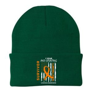 1 Year Cancer Free Orange Leukemia Survivor American Flag Knit Cap Winter Beanie