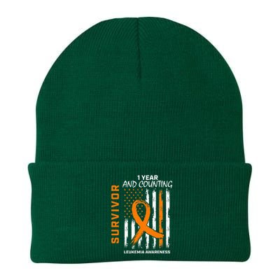 1 Year Cancer Free Orange Leukemia Survivor American Flag Knit Cap Winter Beanie