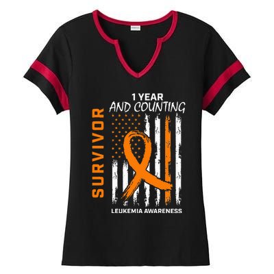 1 Year Cancer Free Orange Leukemia Survivor American Flag Ladies Halftime Notch Neck Tee