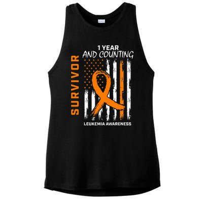 1 Year Cancer Free Orange Leukemia Survivor American Flag Ladies PosiCharge Tri-Blend Wicking Tank