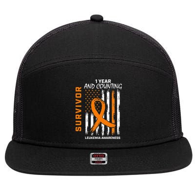 1 Year Cancer Free Orange Leukemia Survivor American Flag 7 Panel Mesh Trucker Snapback Hat