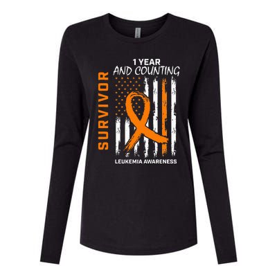 1 Year Cancer Free Orange Leukemia Survivor American Flag Womens Cotton Relaxed Long Sleeve T-Shirt