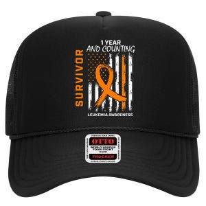 1 Year Cancer Free Orange Leukemia Survivor American Flag High Crown Mesh Back Trucker Hat