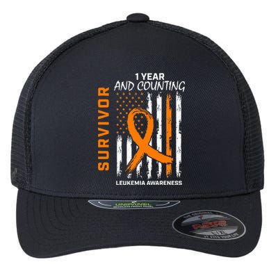 1 Year Cancer Free Orange Leukemia Survivor American Flag Flexfit Unipanel Trucker Cap