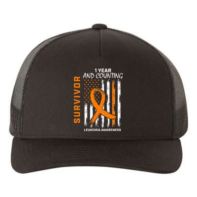 1 Year Cancer Free Orange Leukemia Survivor American Flag Yupoong Adult 5-Panel Trucker Hat