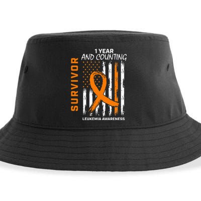 1 Year Cancer Free Orange Leukemia Survivor American Flag Sustainable Bucket Hat