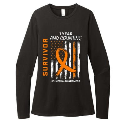 1 Year Cancer Free Orange Leukemia Survivor American Flag Womens CVC Long Sleeve Shirt