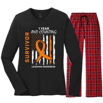 1 Year Cancer Free Orange Leukemia Survivor American Flag Women's Long Sleeve Flannel Pajama Set 