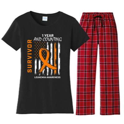 1 Year Cancer Free Orange Leukemia Survivor American Flag Women's Flannel Pajama Set