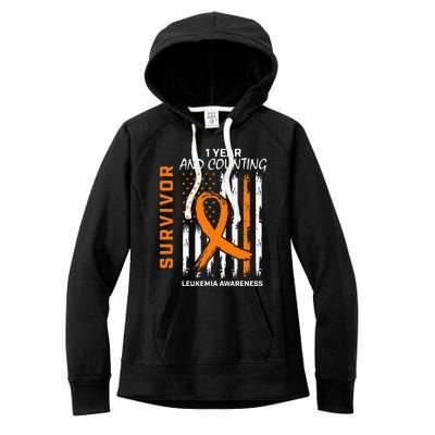 1 Year Cancer Free Orange Leukemia Survivor American Flag Women's Fleece Hoodie