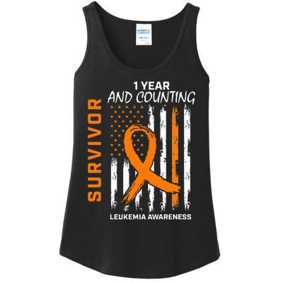 1 Year Cancer Free Orange Leukemia Survivor American Flag Ladies Essential Tank