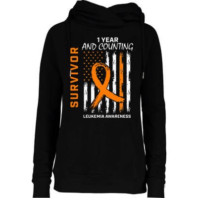 1 Year Cancer Free Orange Leukemia Survivor American Flag Womens Funnel Neck Pullover Hood